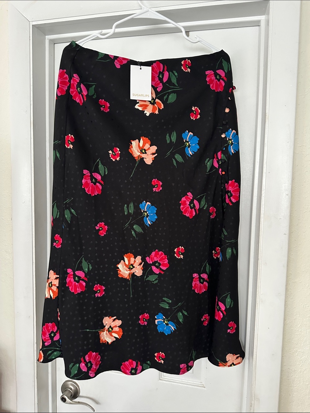 Sugarlips Black Floral A-Line Skirt with Pink, Coral & Blue Blooms